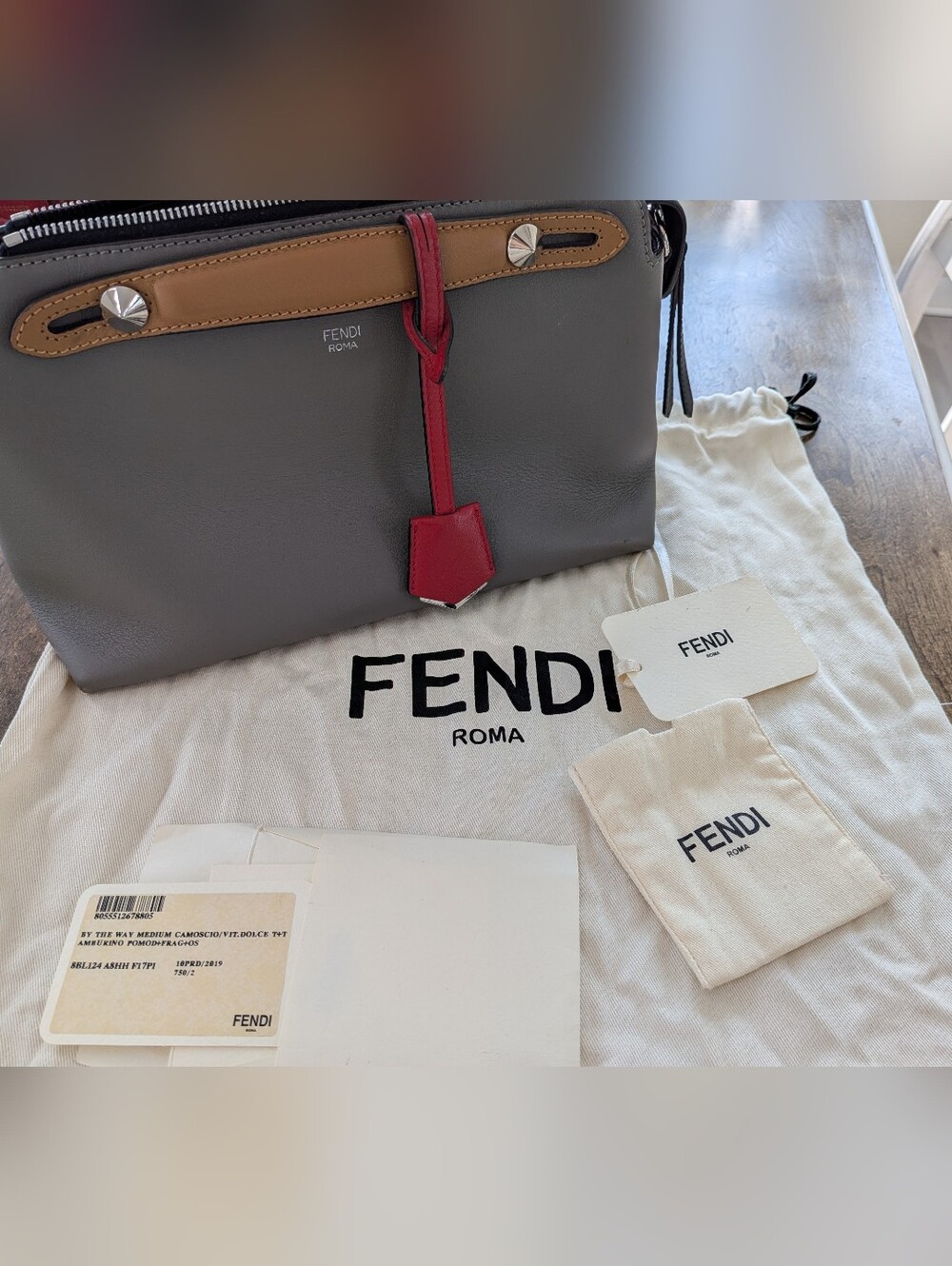 Fendi By The Way Medium Tricolor Leather Satchel Crossbody Bag Grey Red Tan